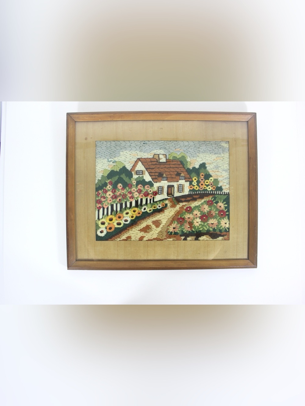 Vintage Framed Crewel Embroidery Art Cottage and Flowers